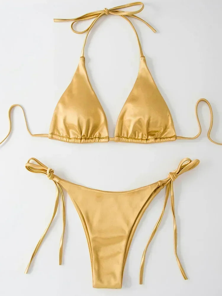 Metallic Satin Bikini Damen – Wrap Around Halter Zweiteiler